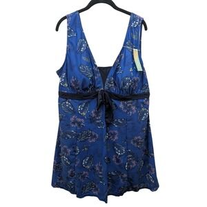 Ecupper Swim Dress Womens 5XL Blue Tropical Floral V-Neck Front Tie Modest